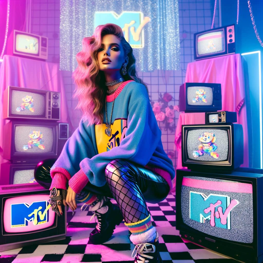 A model dressed in 80s MTV style fashion, posing against a backdrop of old-school televisions displaying Vaporwave visuals. The model should wear bright neon colors and retro accessories, with the scene bathed in soft pink and blue lights.