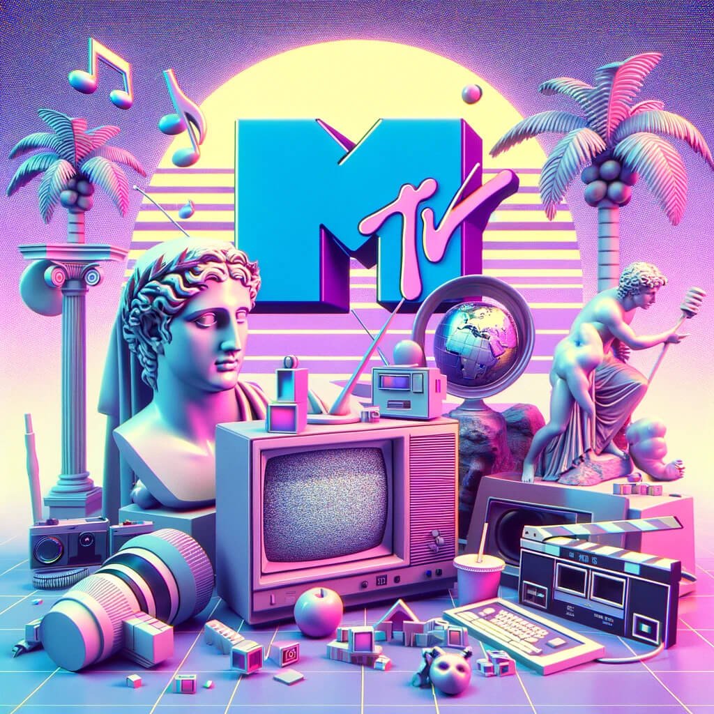 Iconic symbols from MTV (such as the MTV logo, music notes, and video cameras) integrated into a classic Vaporwave scene with Roman statues, old computer icons, and digital palm trees.