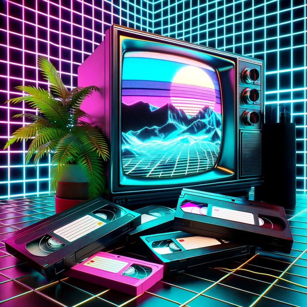 A collage of overlapping images that include a vintage CRT television, a VHS tape, a neon grid, and a palm tree. The images should have a distorted, glitchy look with a blend of bright and muted retro colors.