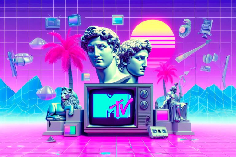 MTV and Vaporwave cultural mashup. This scene blends iconic MTV symbols with classic Vaporwave elements in a dreamy and slightly distorted pastel neon environment.