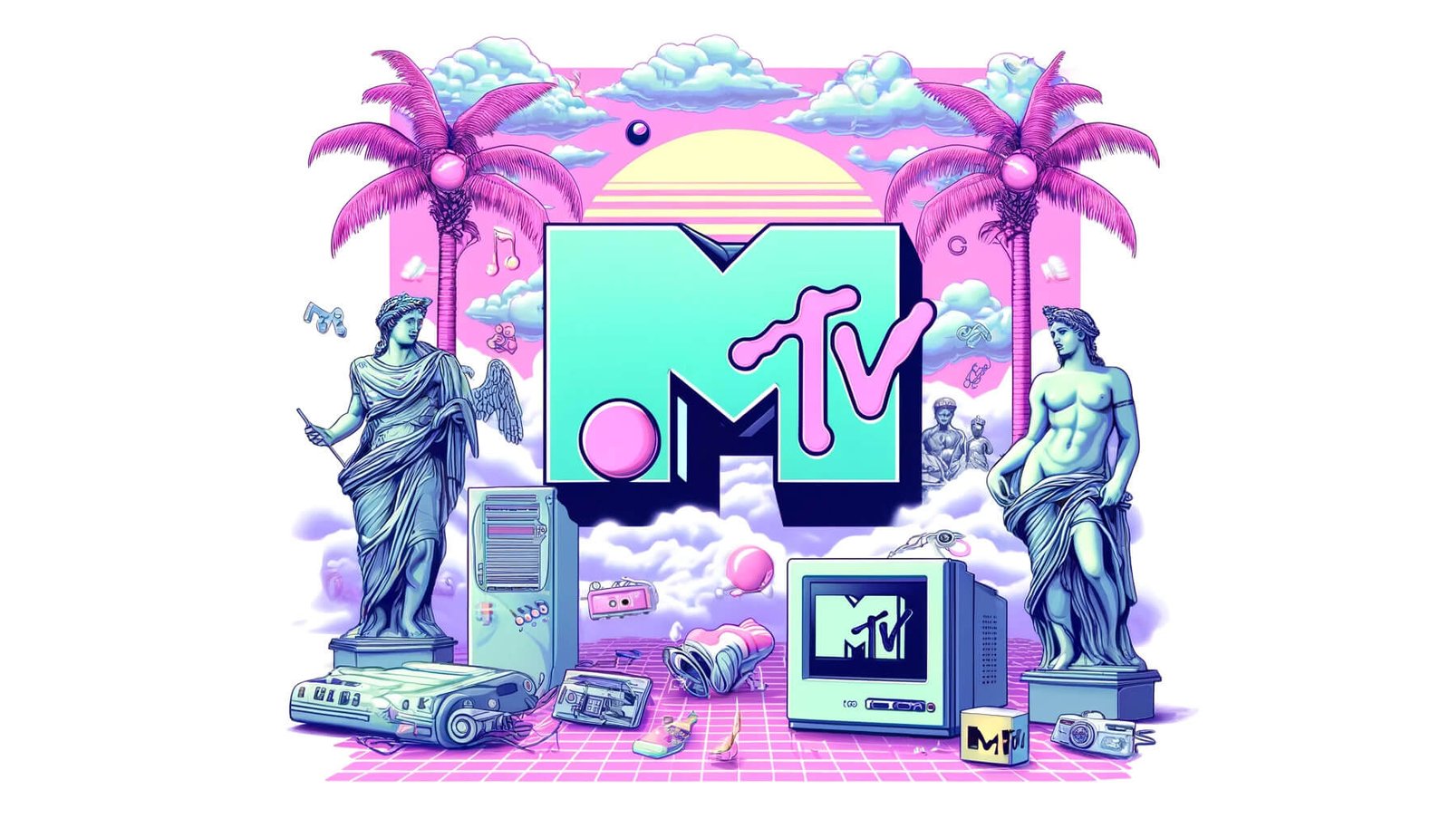 Iconic symbols from MTV (such as the MTV logo, music notes, and video cameras) integrated into a classic Vaporwave scene with Roman statues, old computer icons, and digital palm trees. illustration style