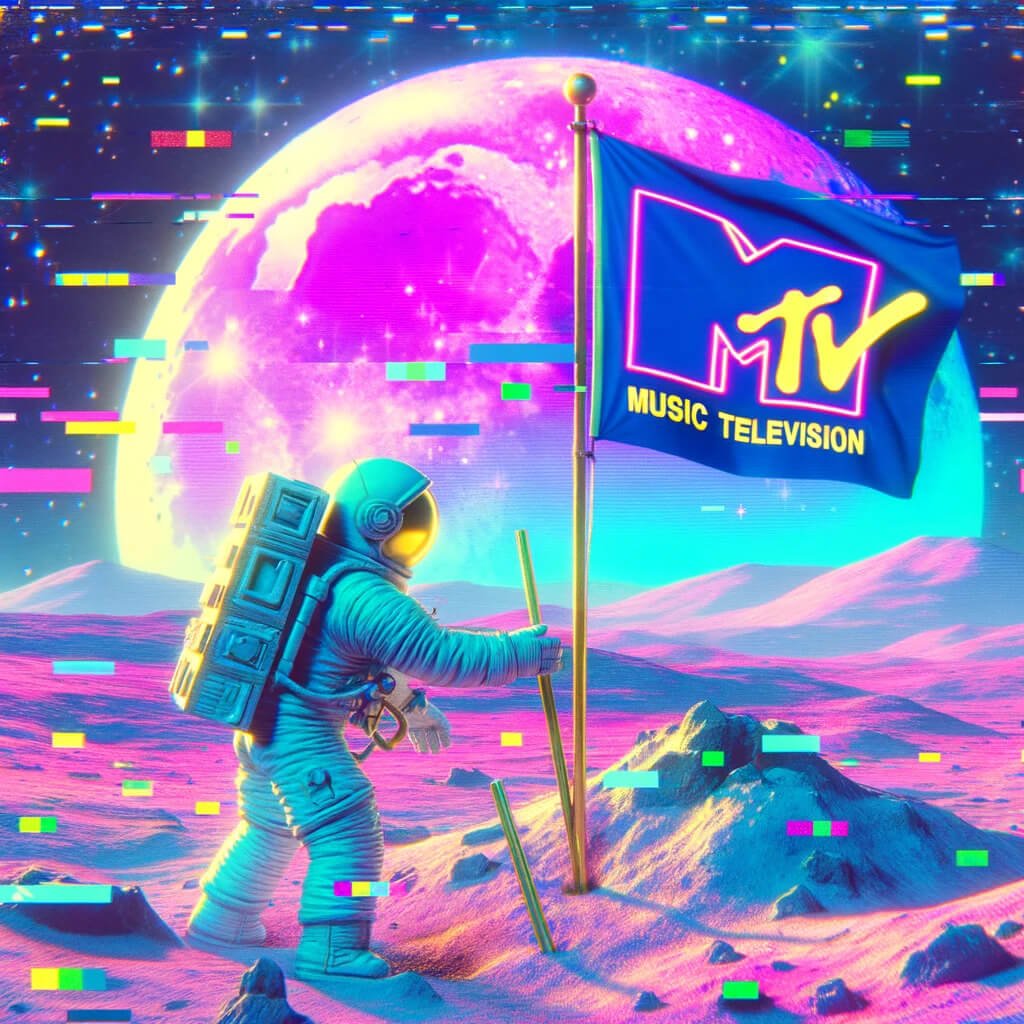 eon-lit astronaut planting a flag with the MTV logo on a surreal, pastel-colored moonscape. The background should be starry with visible glitch effects to evoke Vaporwave's nostalgic yet dystopian aesthetic.