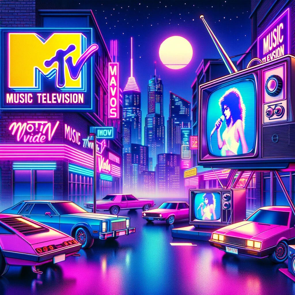 A scene inspired by a 1980s MTV music video featuring a vibrant cityscape at night with neon signs, vintage cars, and a large TV screen showing a pop star performing. The scene should be rendered with a vaporwave color palette of pinks, blues, and purples.