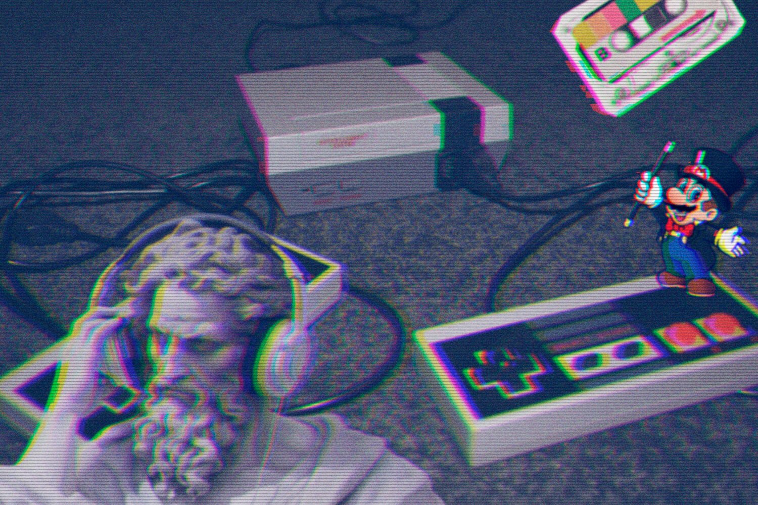 Vaporwave-style composition featuring a retro game console, pixel controller, cassette tape, and classical statue with headphones, symbolizing the influence of 8-bit Nintendo music on modern vaporwave culture.