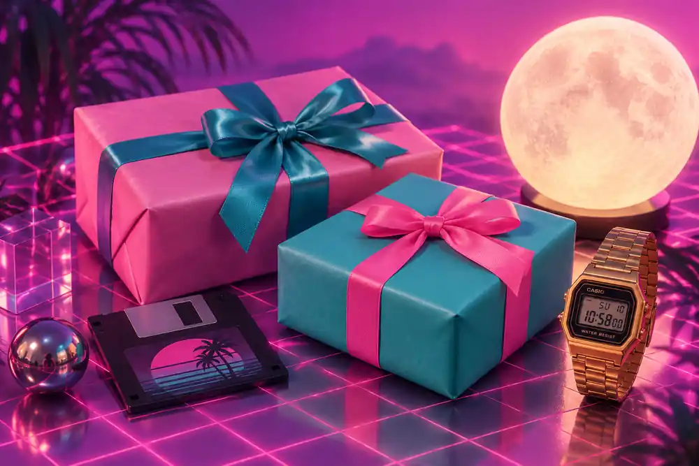 Neon grid sunset in vaporwave colors, a retro gifts inspiration backdrop