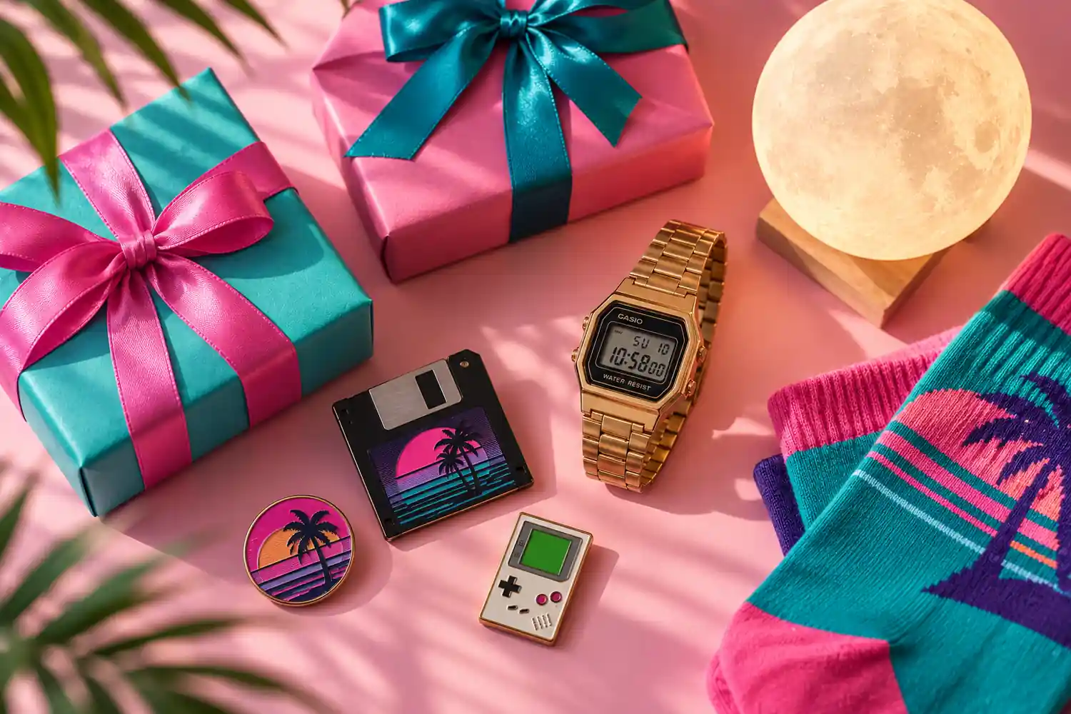 Vaporwave gift ideas: retro handheld console glowing in a neon pink and cyan setup